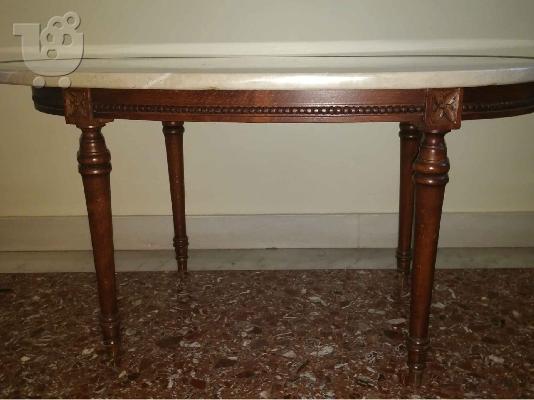 PoulaTo: ΣΕΤ ΣΑΛΟΝΙΟΥ : 2 Μασίφ Σκαλιστές Πολυθρόνες με ύφασμα, 2 Μασίφ Σκαλιστές Καρέκλες με ύφασμα και ένα μαρμάρινο Μασίφ σκαλιστό τραπέζι